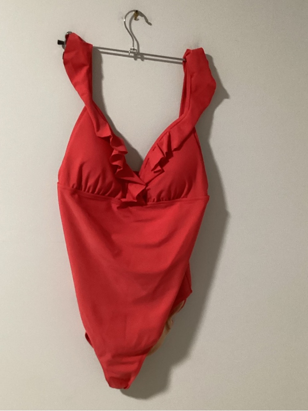 *J. Crew Coral-Red Ruffle V-Neck One-Piece Swimsuit